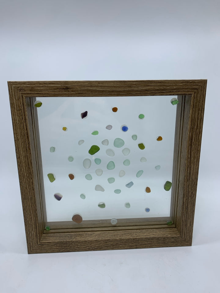 SEAGLASS IN WOOD SHADOWBOX FRAME.
