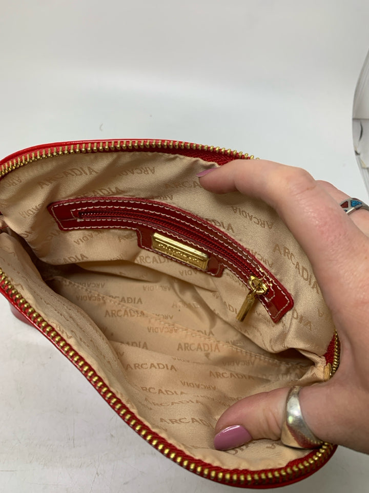 Arcadia Red Patent Lego Embossed Zip Top Shoulder Bag *Minor Interior Stains