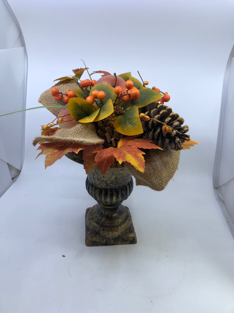FALL FRUIT & LEAVES IN GOLDEN URN.