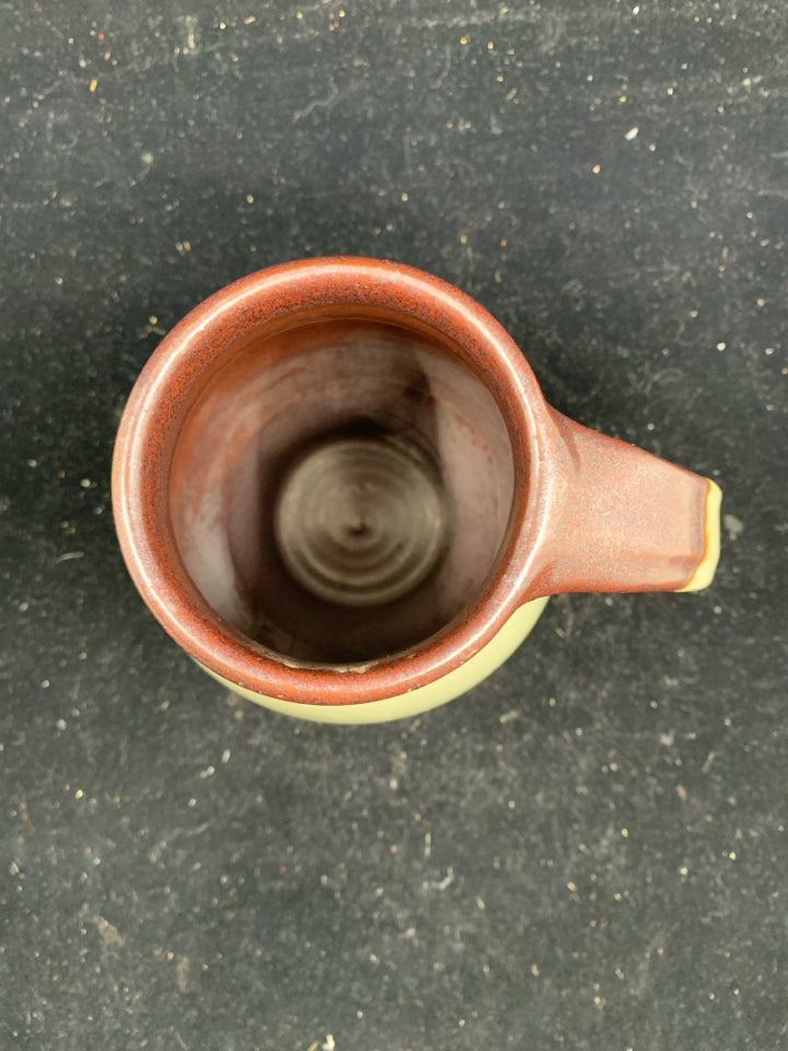 POTTERY MUG W/ MAROON TOP/BOTTOM.