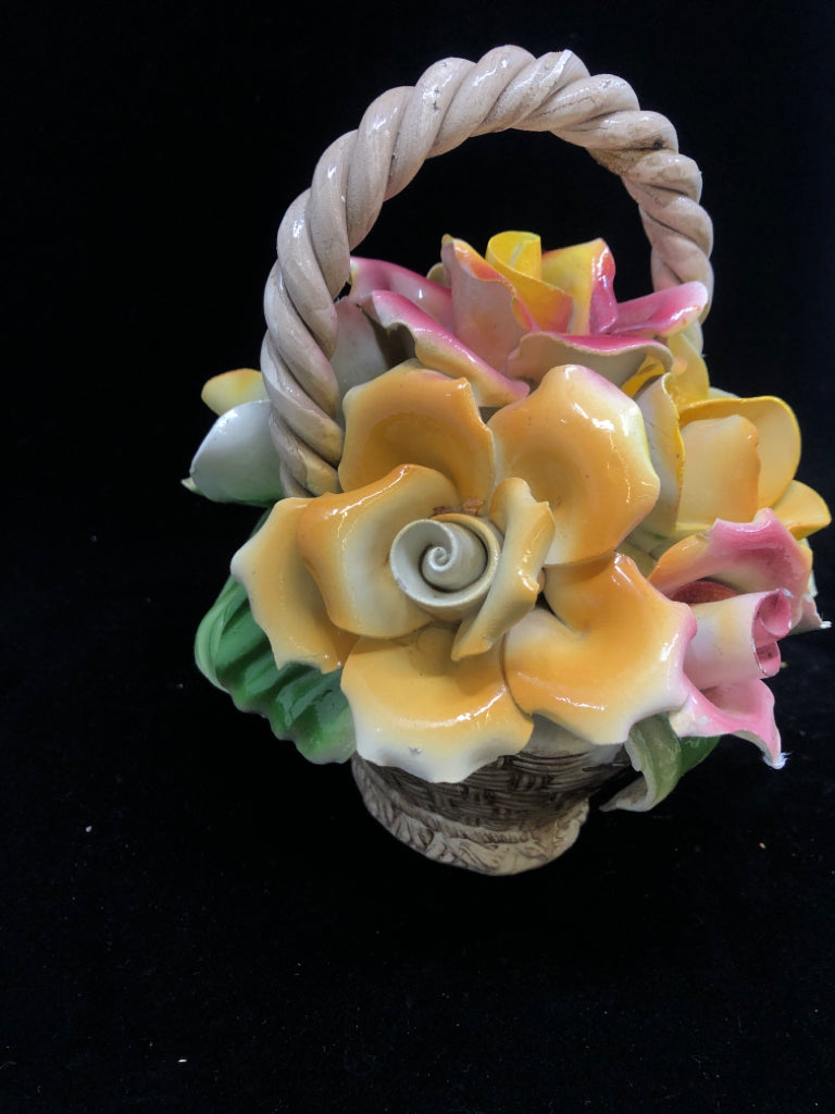 VTG CAPODIMONTE PORCELAIN YELLOW FLOWER BASKET.