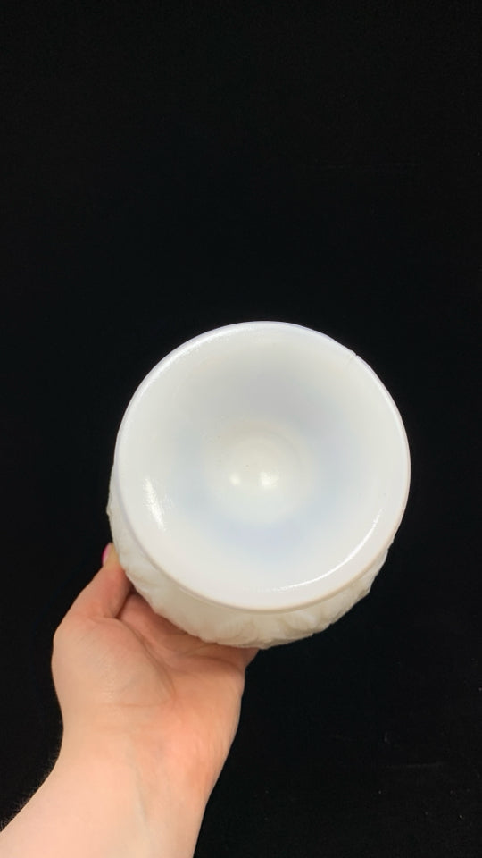 VTG MILK GLASS FOOTED CANDY DISH W/EMBOSSED LEAVES.