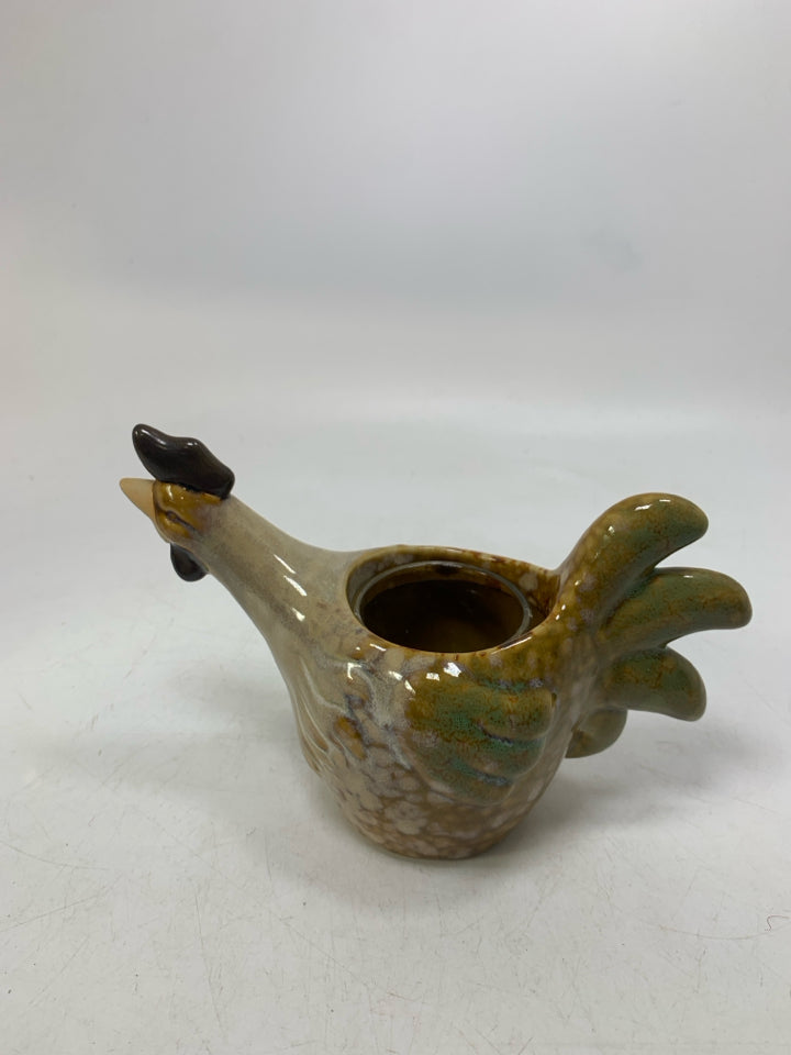 MULTI COLORED CERAMIC ROOSTER W/ GLASS TEALIGHT INSERT.