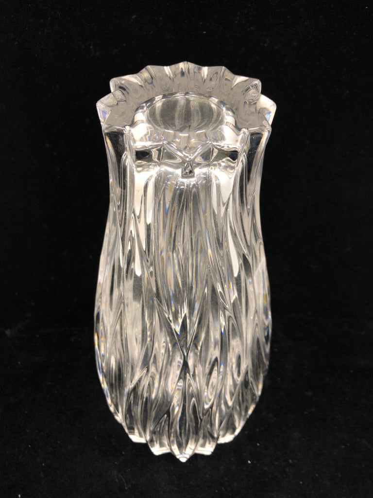 HEAVY WAVY CUT GLASS VASE.