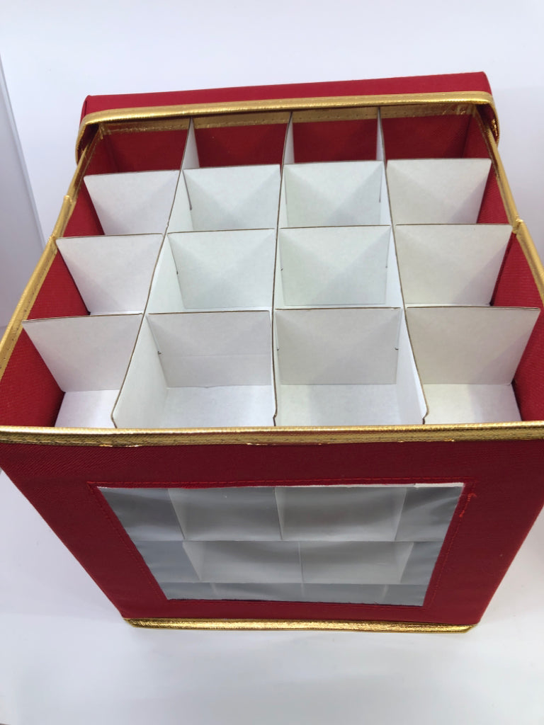 RED STORAGE BOX W GOLD TRIM, LID, AND HANDLES.