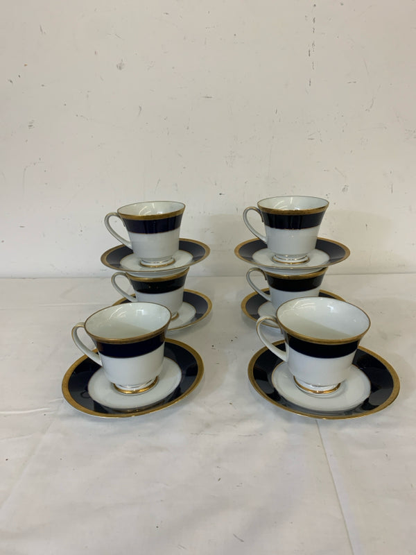 12 PC LEGACY VALHALLA NAVY AND GOLD TEACUPS AND SAUCER.