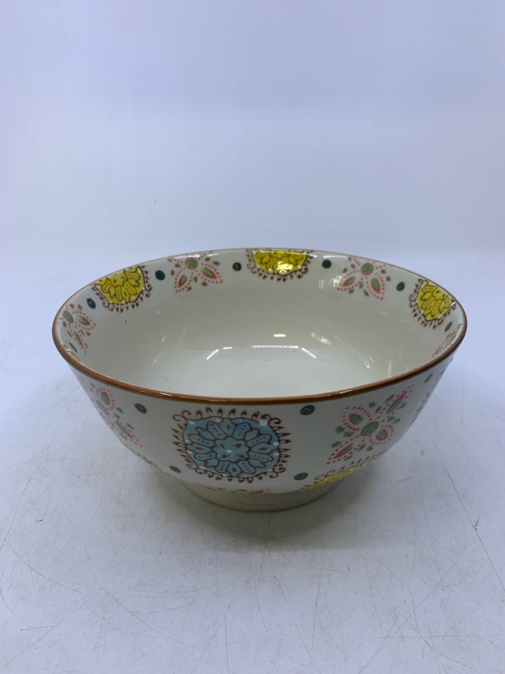 FOOTED BOWL W/ COLORFUL MEDAILIONS.