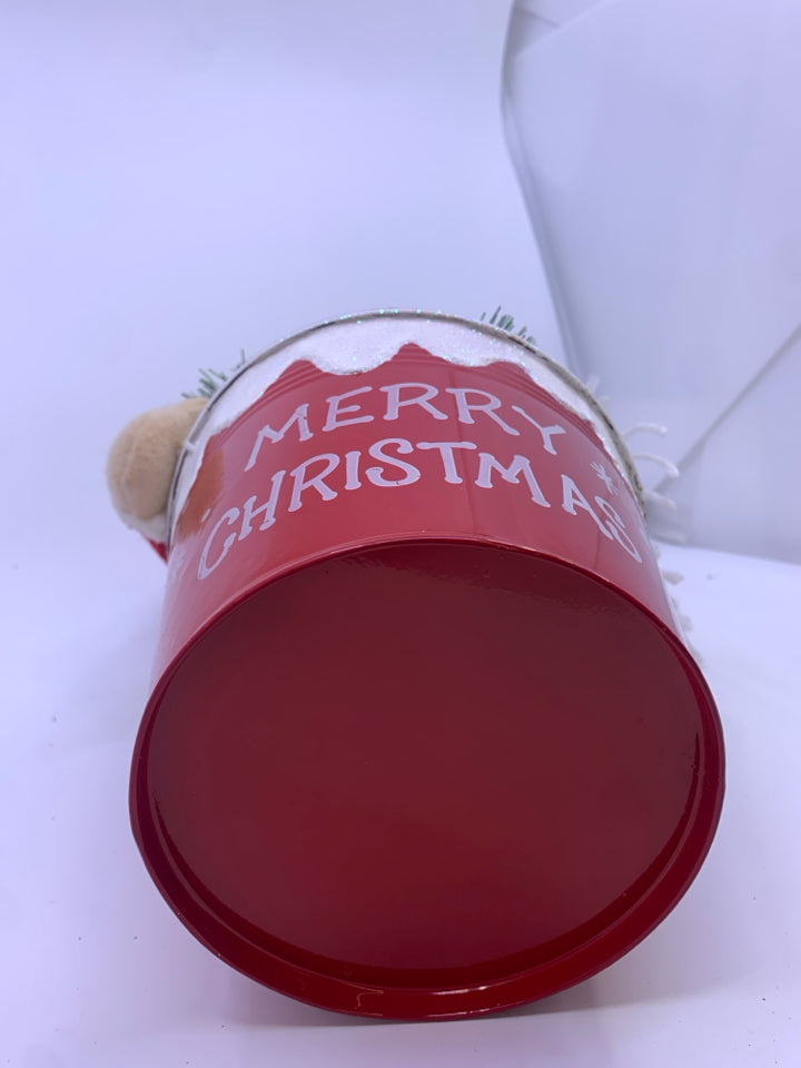 PLUSH SANTA & REINDEER IN RED BUCKET.