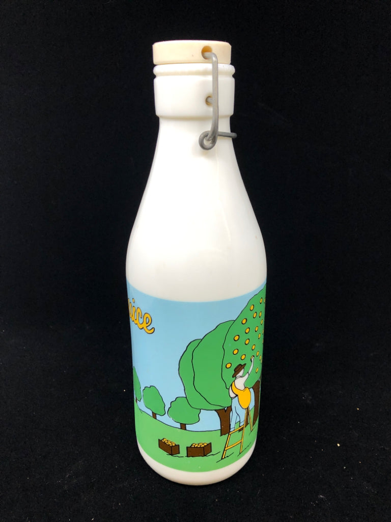 VTG WHITE MILK BOTTLE PAINTED ORCHARD W/STOPPER.