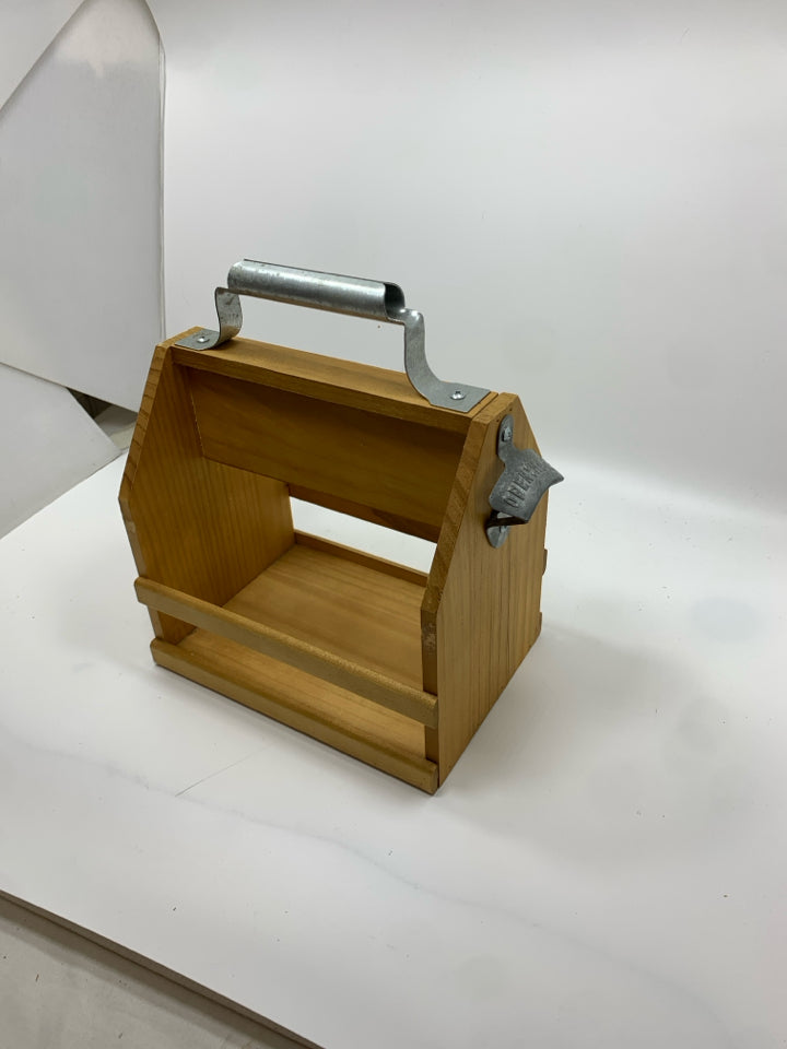 WOODEN BEER CADDY W BEER OPENER.