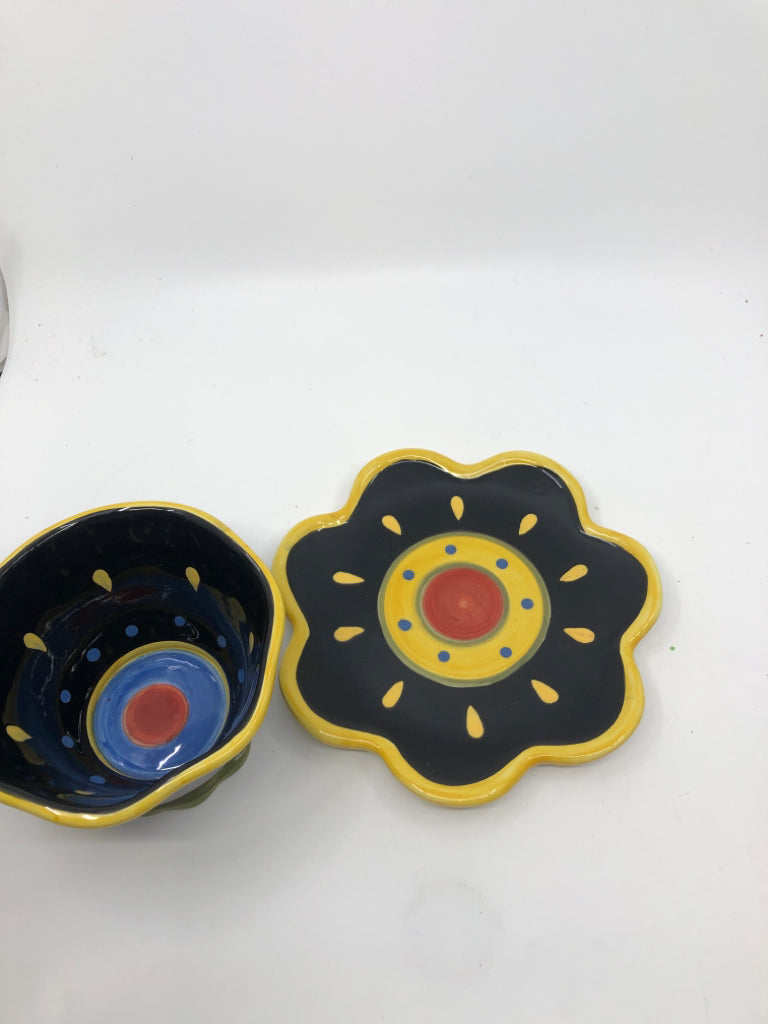 2PC BLACK AND YELLOW FLOWER BOWL AND PLATE SET.