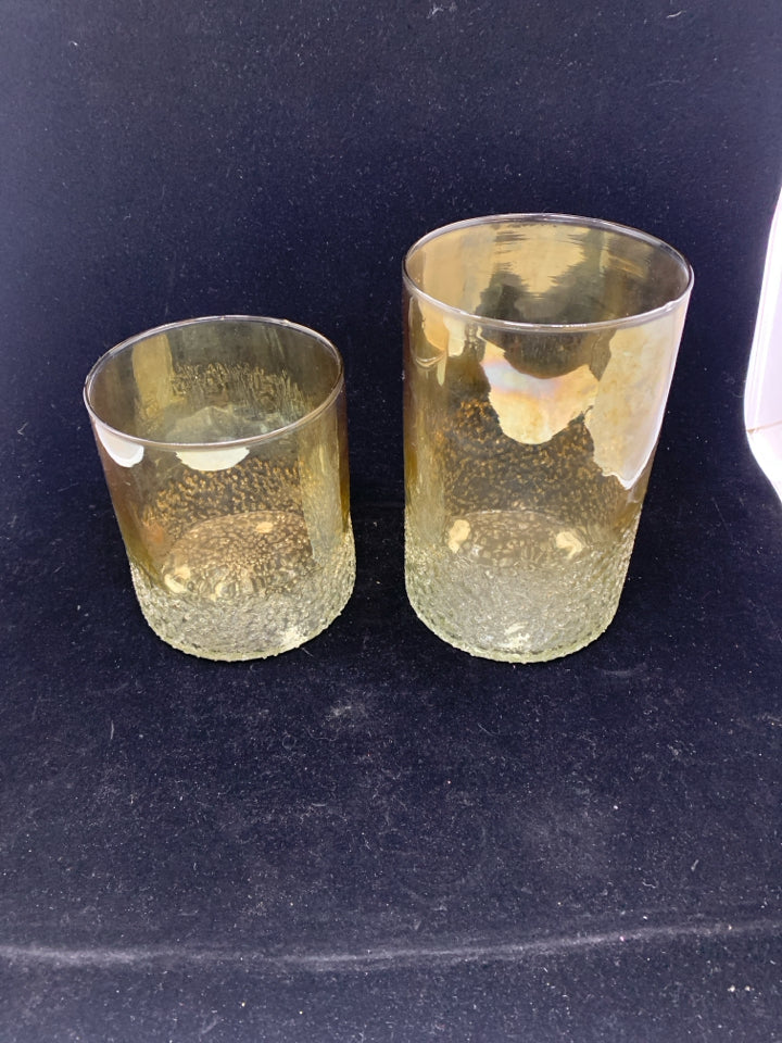 2 CRYSTALIZED AMBER GLASS CANDLE HOLDERS.