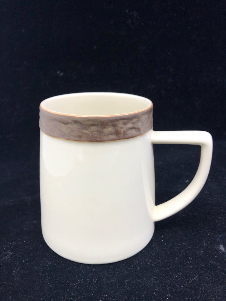 2 RUSTIC CREAM MUGS W/ BROWN TEXTURED RIM.