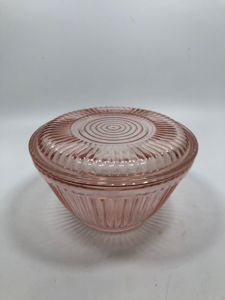 PINK COVERED GLASS BOWL.