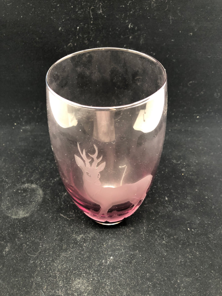 VTG PURPLE ETCHED DEER STAG VASE- CAITHNESS SCOTLAND.