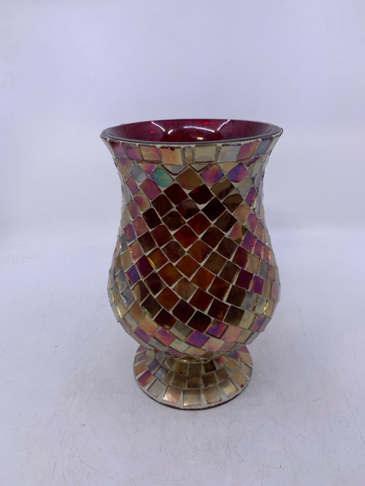 FOOTED MOSAIC RED/ORANGE GLASS PILLAR.