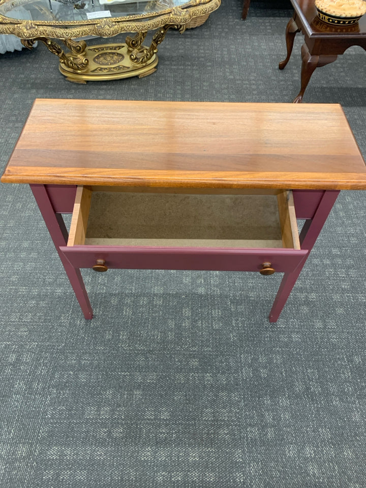 WOOD SOFA TABLE W/DRAWER AND RED PAINTED LEGS.