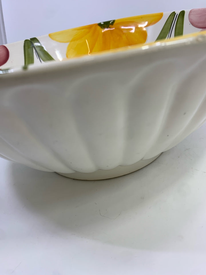 YELLOW & PINK FLORAL BOWL W/RIBBED OUTSIDE.