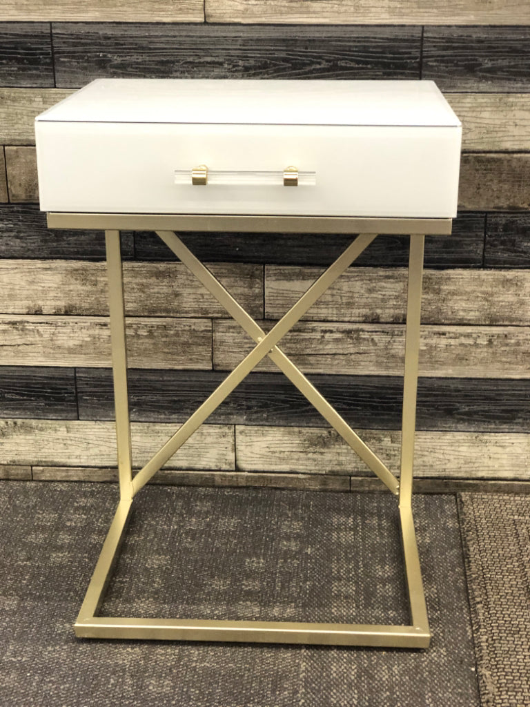 WHITE GLASS SIDE TABLE W/ DRAWER GOLD LEGS.