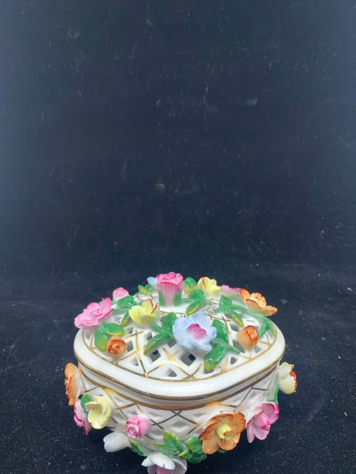 WHITE PIERCED W COLORFUL FLORAL COVERED TRINKET DISH W LID.