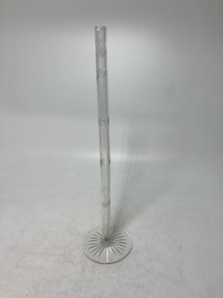 VTG FOOTED ETCHED CLEAR SUPER SKINNY VASE.