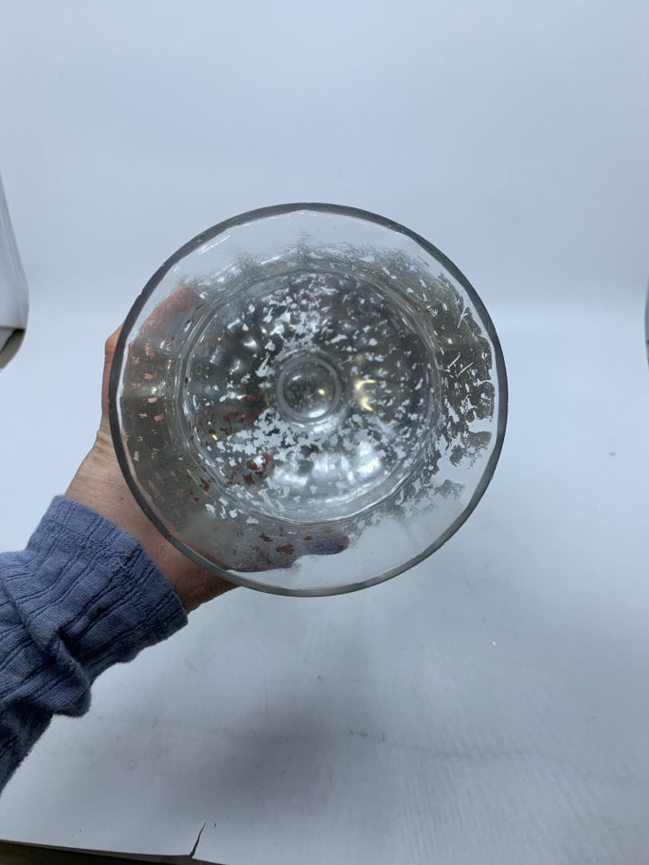 MERCURY GLASS TALL CANDLE HOLDER.