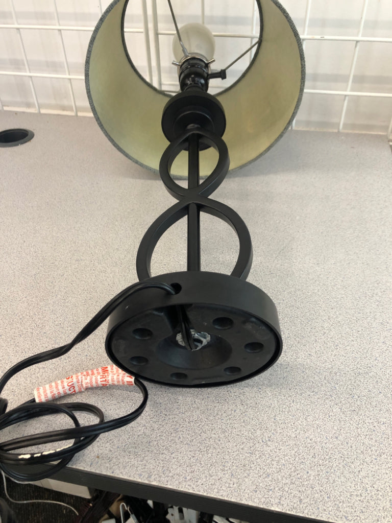 LOOP-BASE LAMP W/GRAY SHADE.