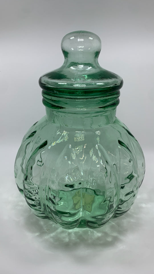 GREEN GLASS LARGE APOTHECARY JAR W/BUBBLE LID.