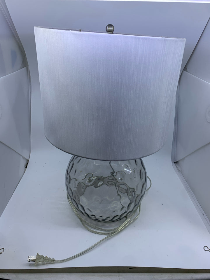 GLASS BALL LAMP W WHITE SILK SHADE.