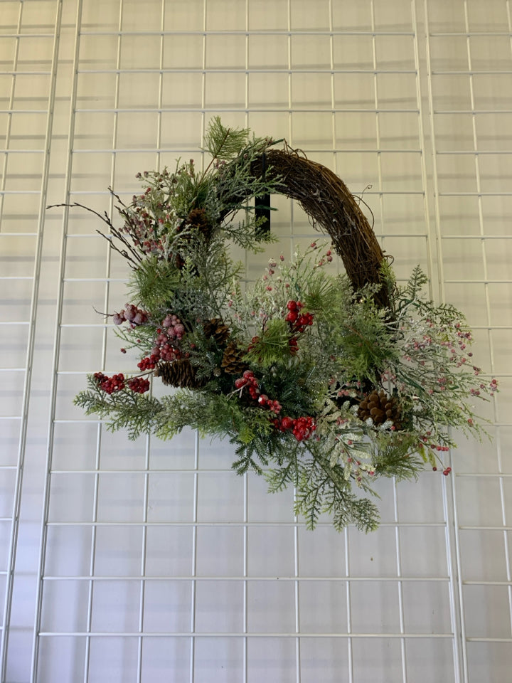 OVAL TWIG WREATH W/ FROSTED RED BERRIES SMALL PINE CONES, LIGHT UP.