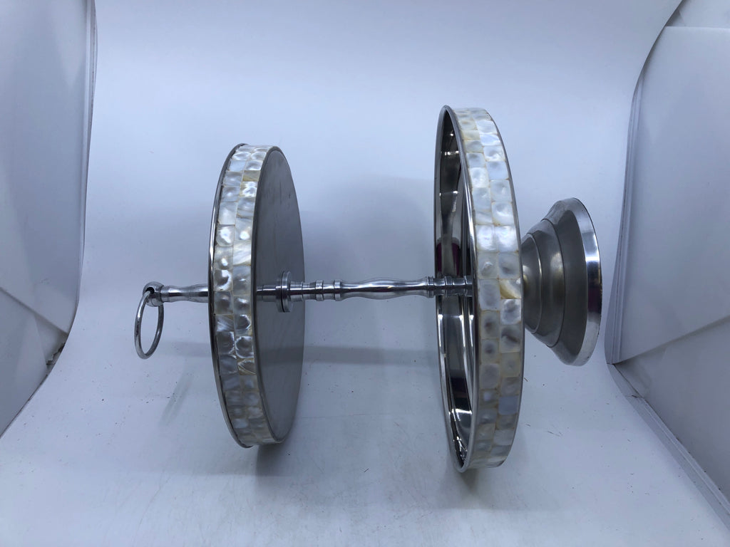 2 TIER SILVER SERVING TRAY IRIDESCENT PEARL TILE RIM.