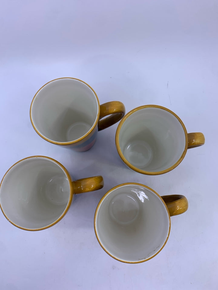 4 PEACH PAINTED TALL MUGS.