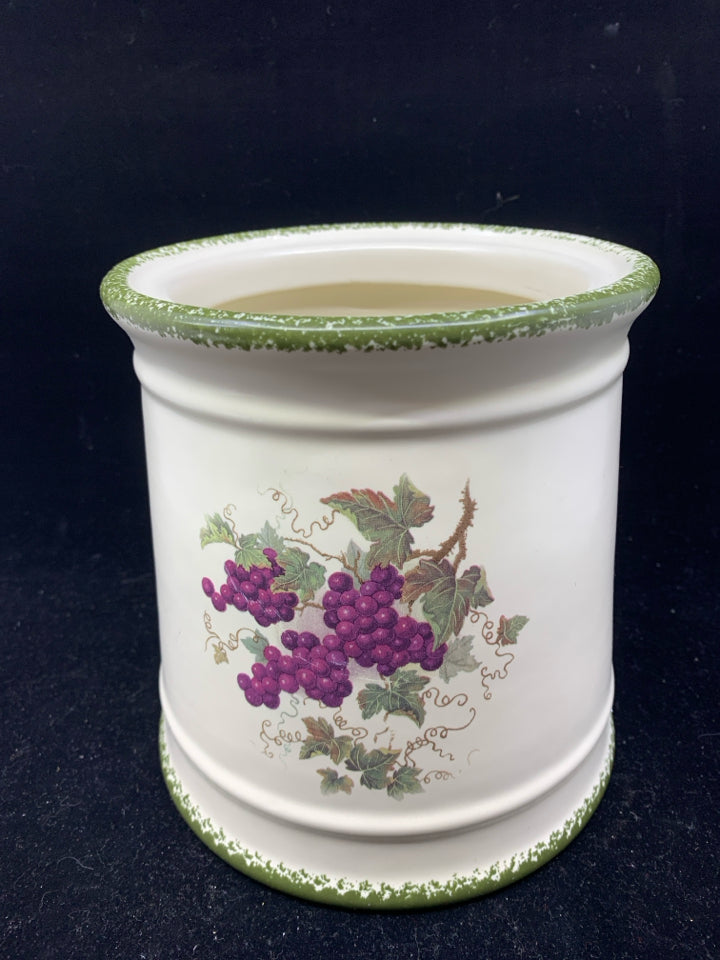 GREEN AND CREAM PATTERN W GRAPES UTENSIL CROCK.