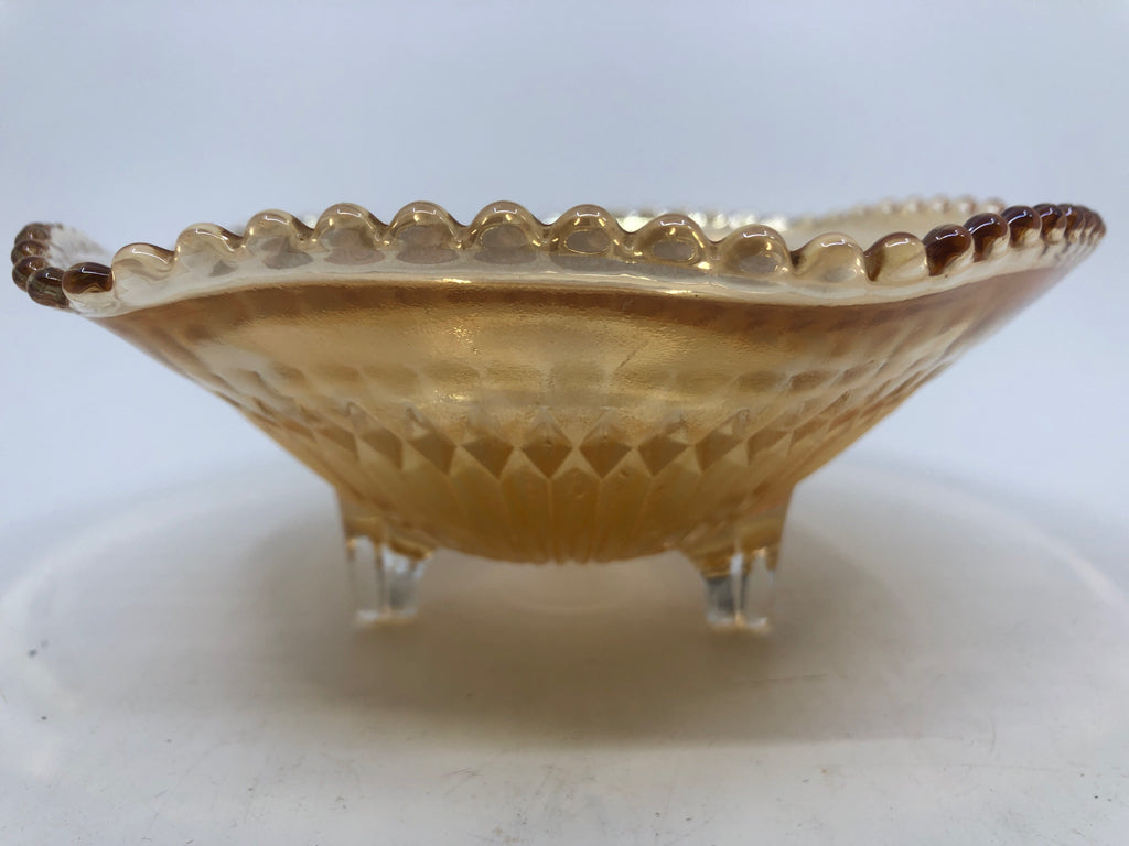 VTG FOOTED IRIDESCENT RIBBED CANDY DISH.