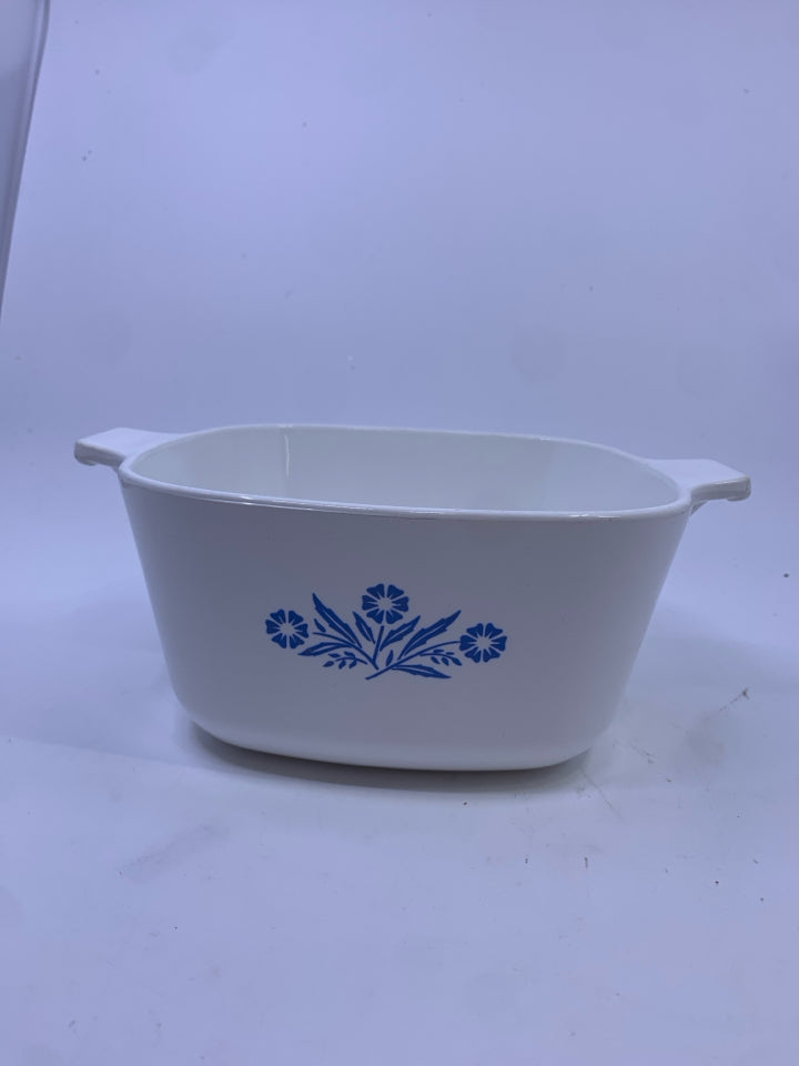WHITE CASSEROLE DISH WITH BLUE FLORAL.