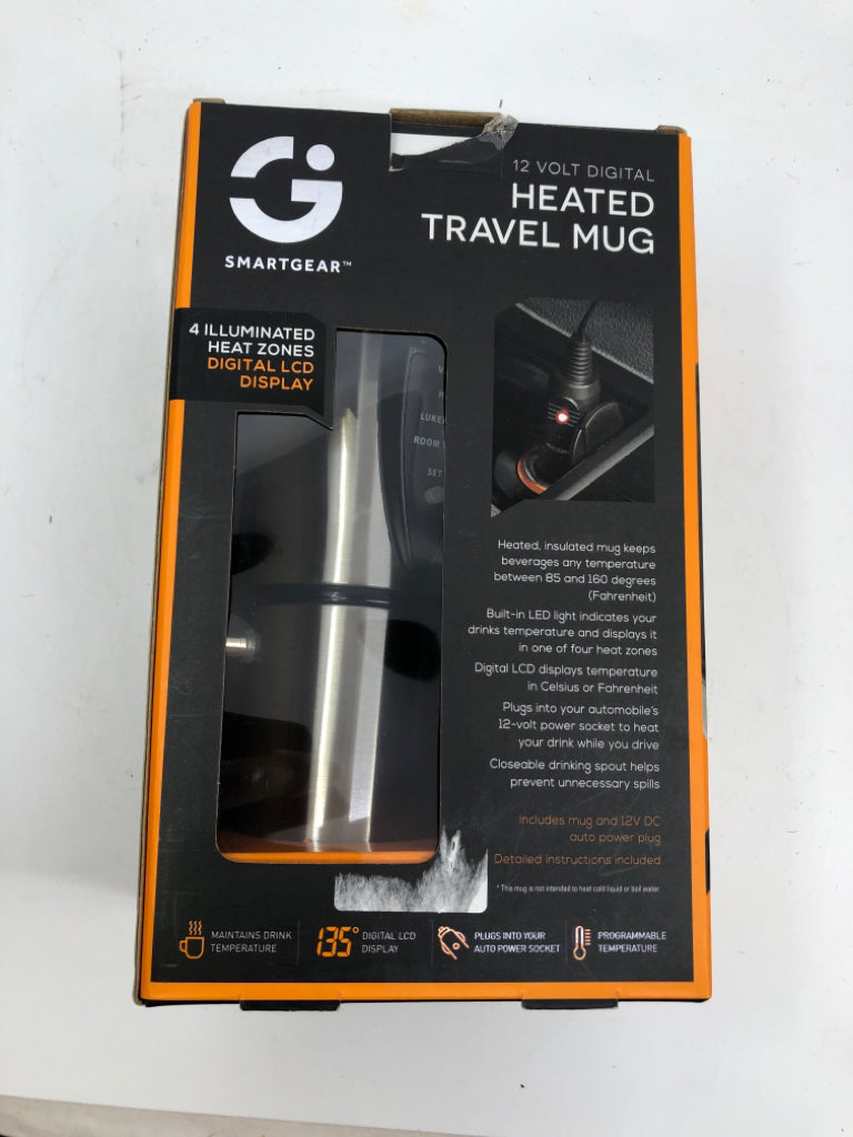 NIB 12 VOLT DIGITAL HEATED TRAVEL MUG.