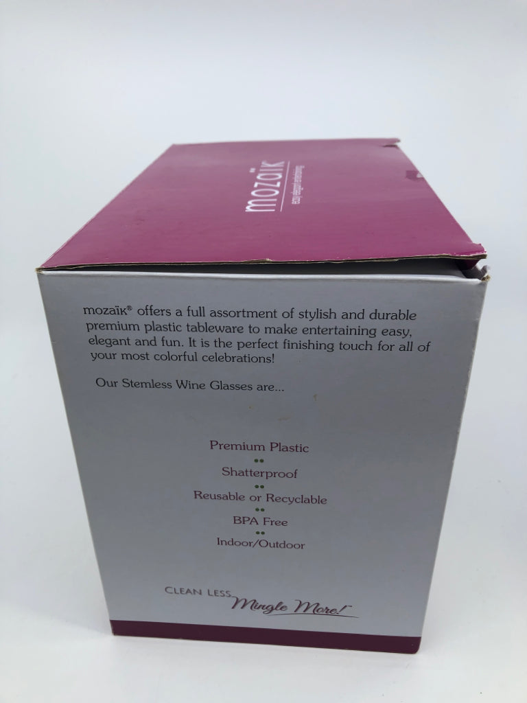 NIB MOZAIK 12 PC STEMLESS WINE GLASS SET.