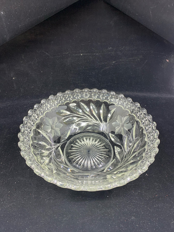 WAVY EDGE FLORAL ETCHED CUT GLASS BOWL.