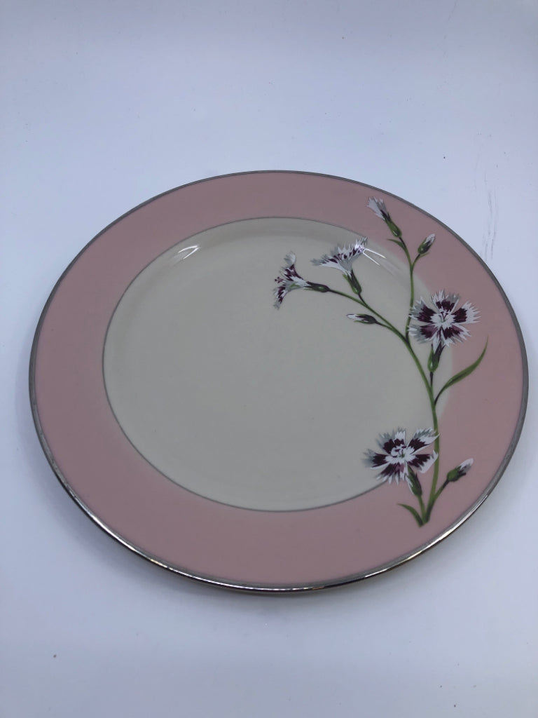 PINK BEIGE PLATE SILVER EDGE RED/WHITE FLOWER.