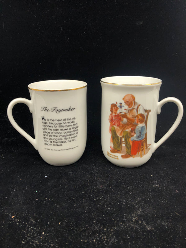 2 VTG NORMAN ROCKWELL TOYMAKER MUGS MAN W KIDS.