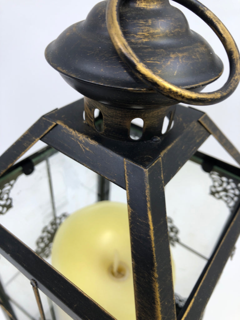BRONZE LANTERN W/BATTERY CANDLE.