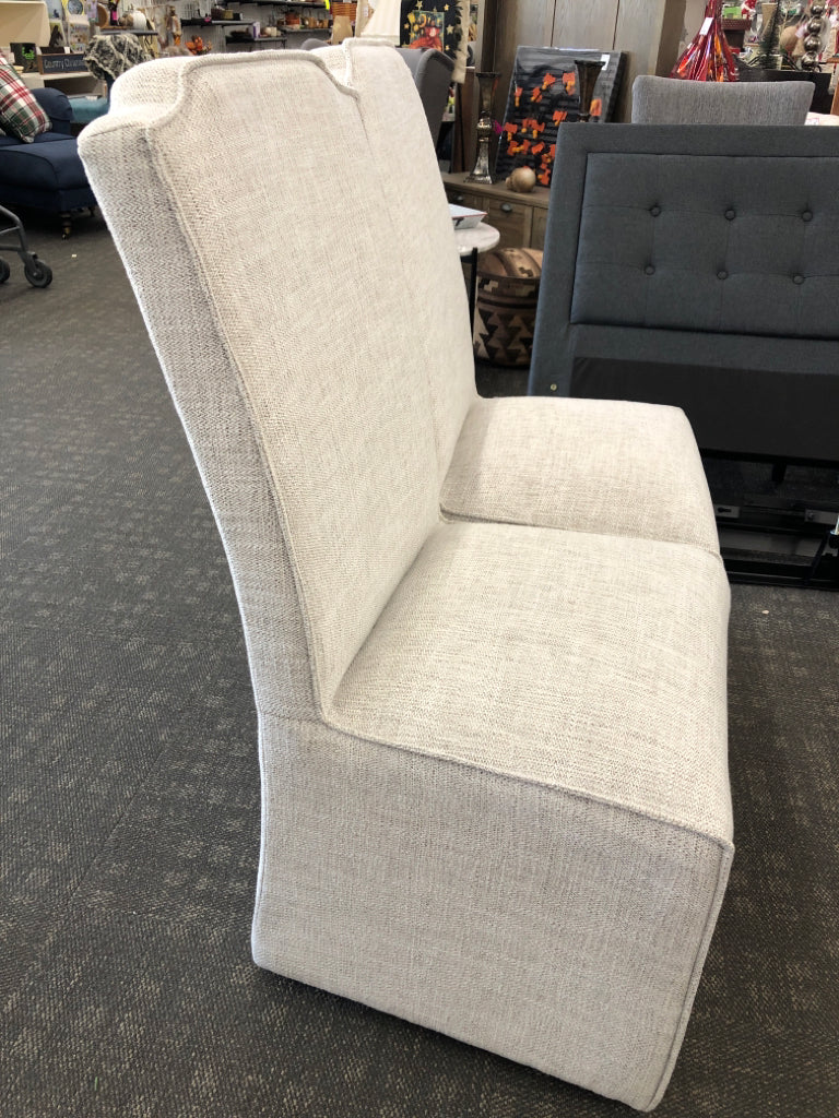 2 GREY WHITE ACCENT SLIPPER CHAIRS W WHEELS.