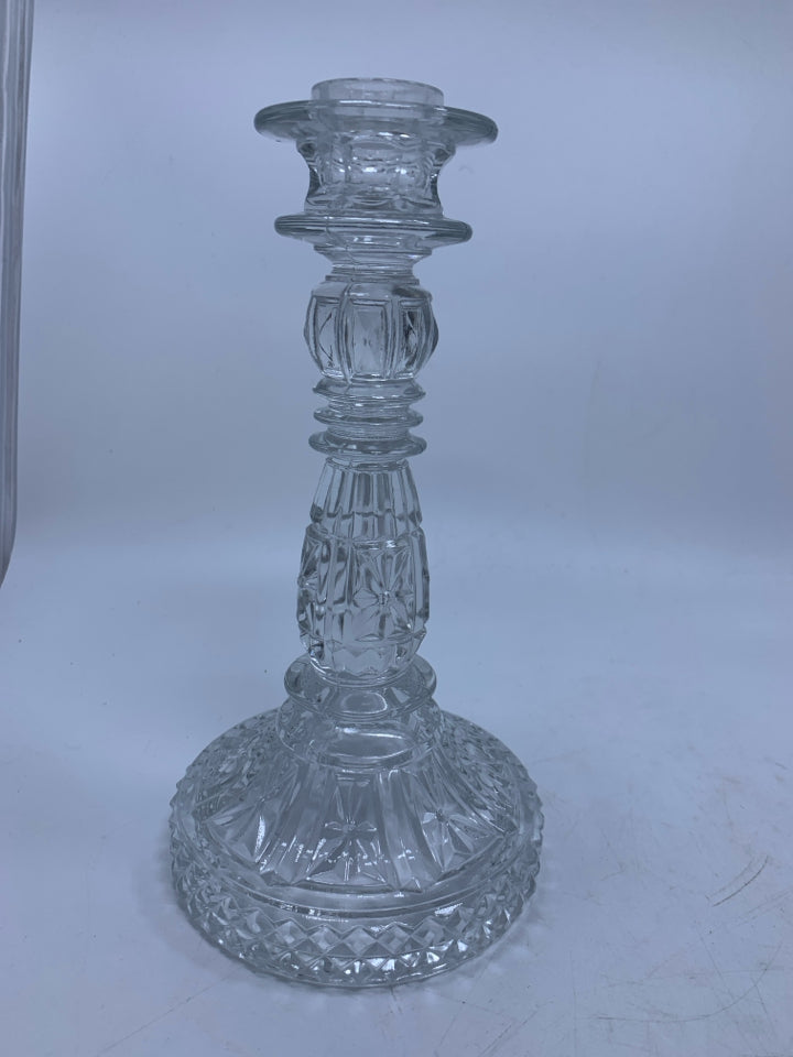 CLEAR GLASS TAPERED CANDLE HOLDER W/ CIRCLE BOTTOM HARD CUT.