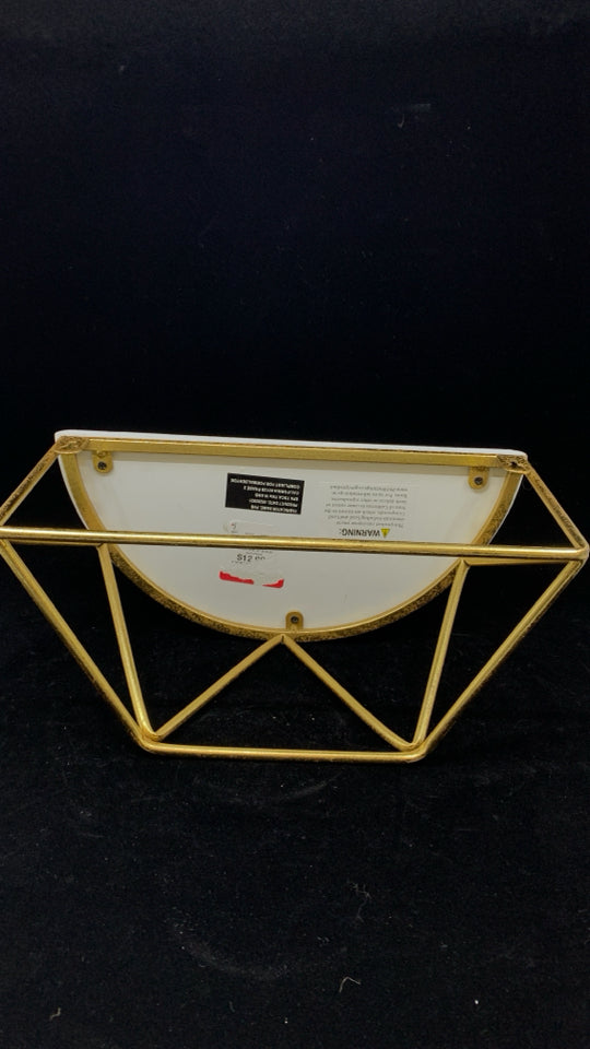 WHITE WOOD HALF CIRCLE SHELF W/GOLD BASE.