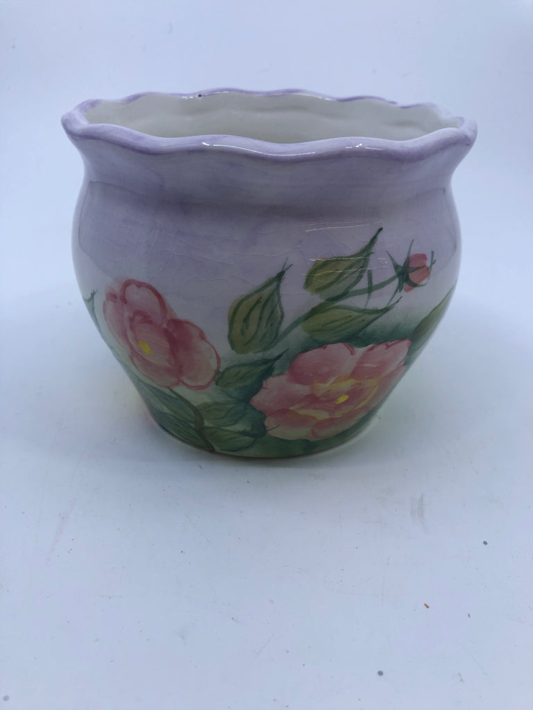 PINK FLOWER AND PURPLE PAINTED CERAMIC PLANTER.