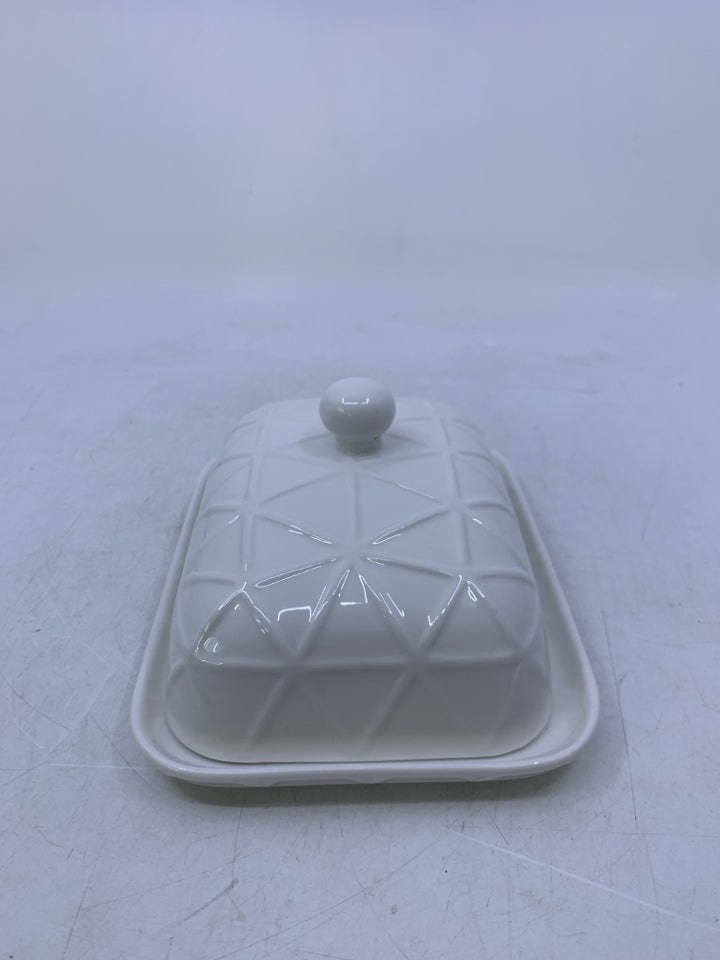 LARGE WHITE TEXTURED LID BUTTER DISH PORCELAIN.