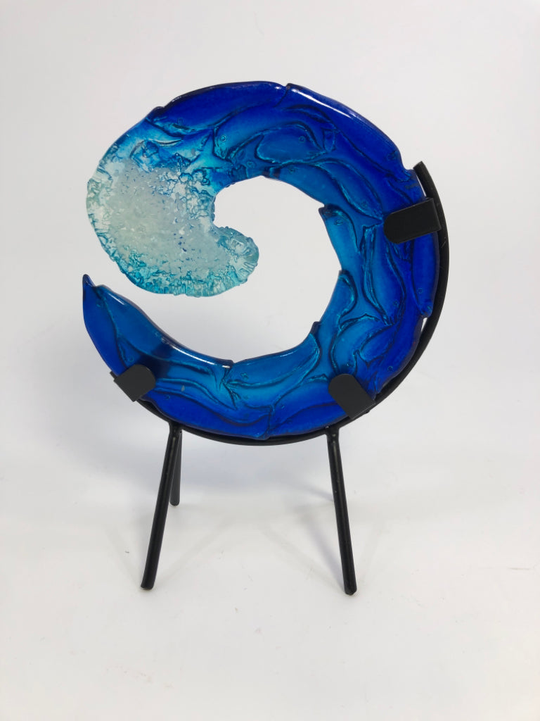 BLOWN GLASS WAVE ON STAND.