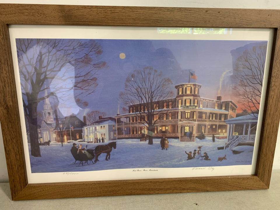 A PRINT OF CHILDREN BUILDING A SNOWMAN "HOTEL BARRE" BY FRANK BLY WALL ART.