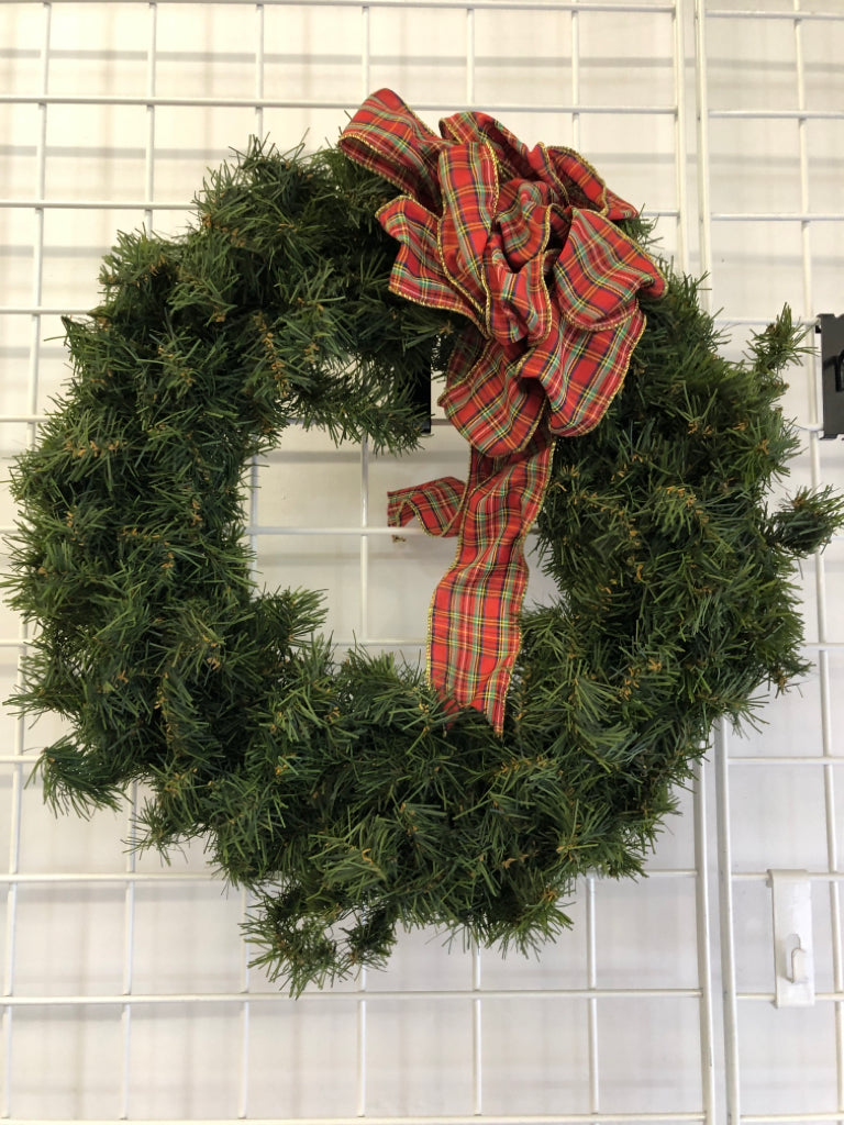 GREENS WREATH W/ PLAID BOW.