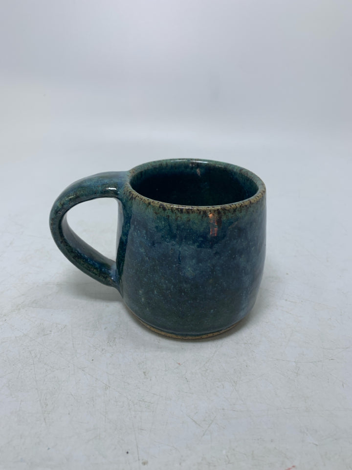 SHORT THICK GREEN/BLUE OMBRE POTTERY MUG.